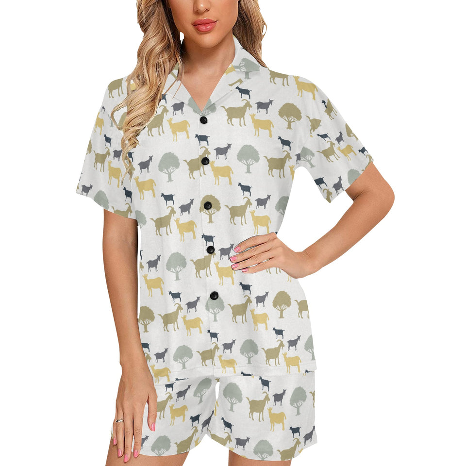 Silhouettes of goat and tree pattern Women's V-Neck Short Pajama Set