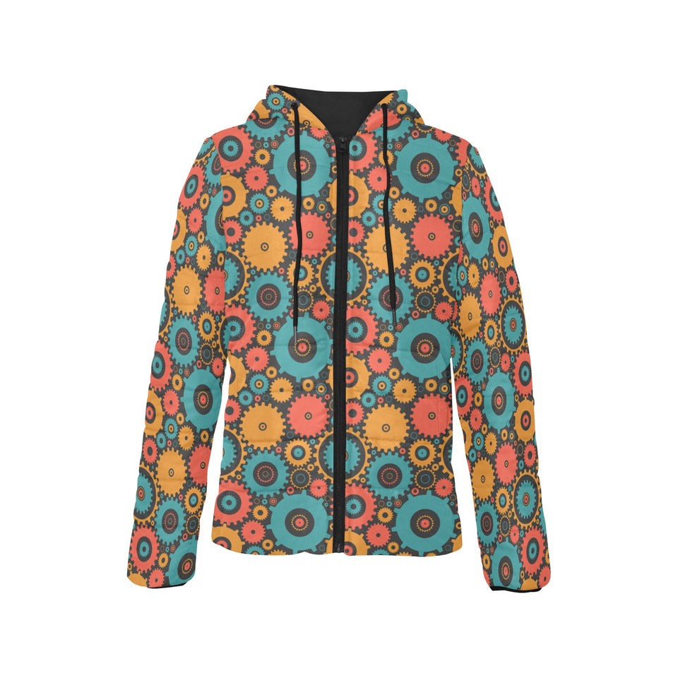 Gear Pattern Print Design 01 Women's Padded Hooded Jacket