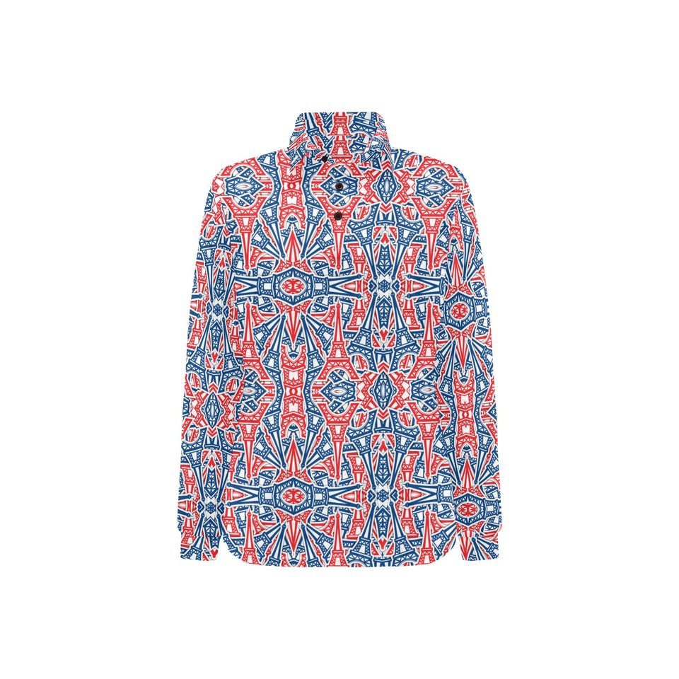 Blue Red Eiffel Tower Pattern Print Design 02 Women's Long Sleeve Polo Shirt