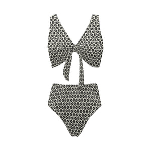 Coffee bean abstract modern pattern Chest Bowknot High Waisted Bikini Swimsuit