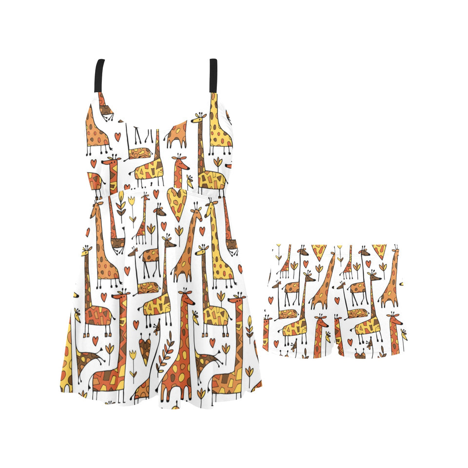 Giraffe Pattern Print Design 04 Chest Sexy Pleated Two Piece Swim Dress