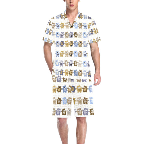 Teddy Bear Pattern Print Design 02 Men's V-Neck Short Pajama Set