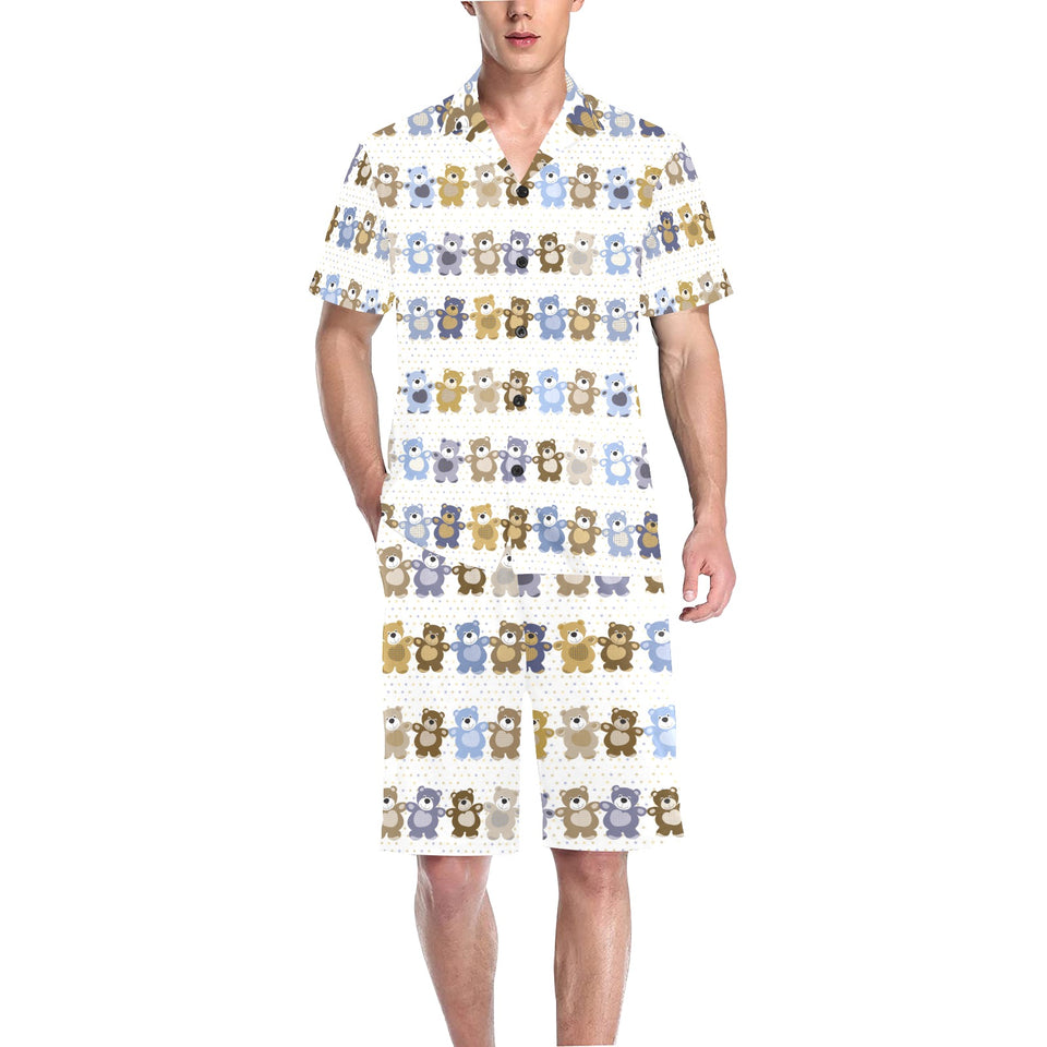 Teddy Bear Pattern Print Design 02 Men's V-Neck Short Pajama Set