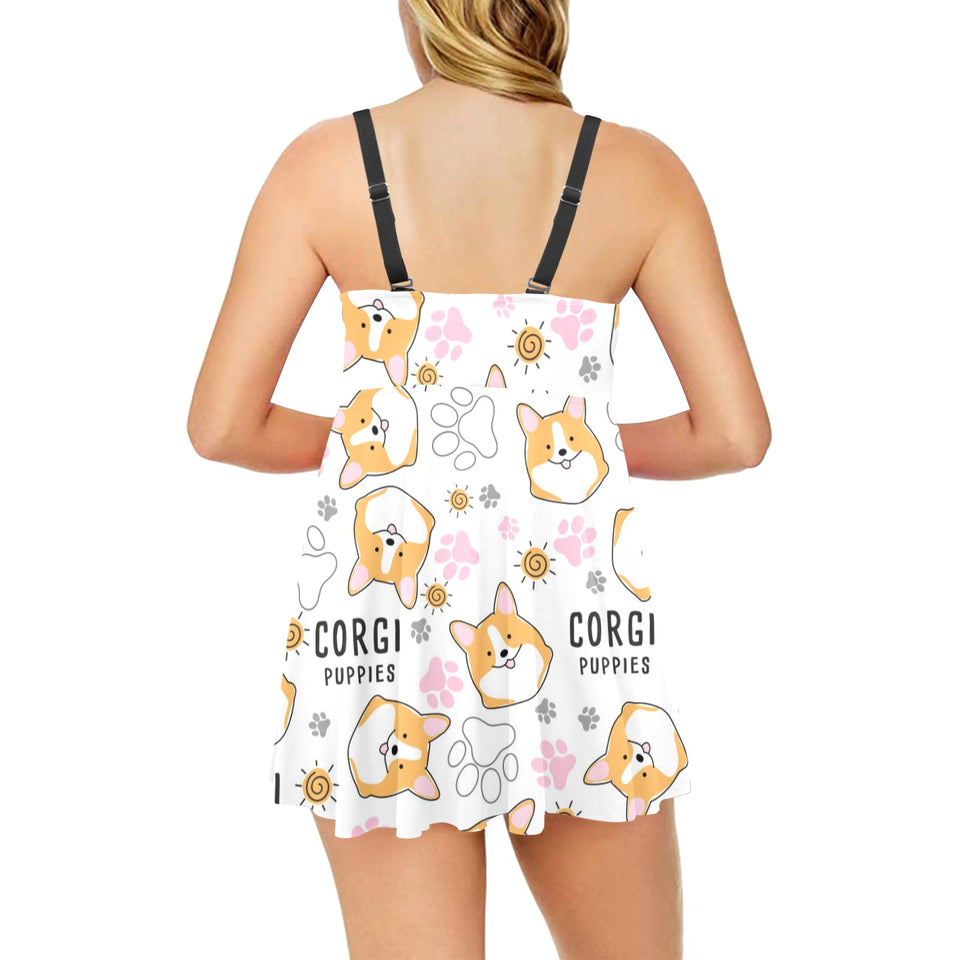 Corgi Dog Pattern Chest Sexy Pleated Two Piece Swim Dress
