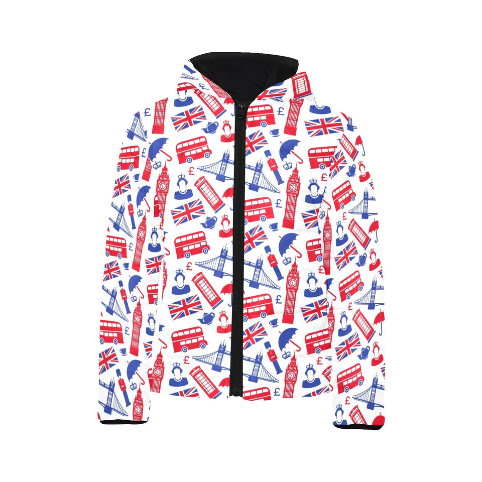 British Pattern Print Design 01 Kids' Boys' Girls' Padded Hooded Jacket