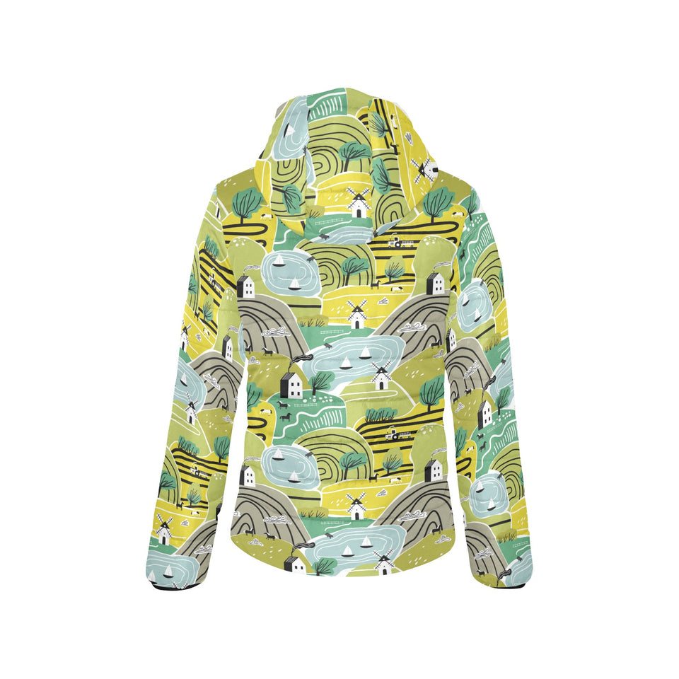 Hand drawn windmill pattern Women's Padded Hooded Jacket