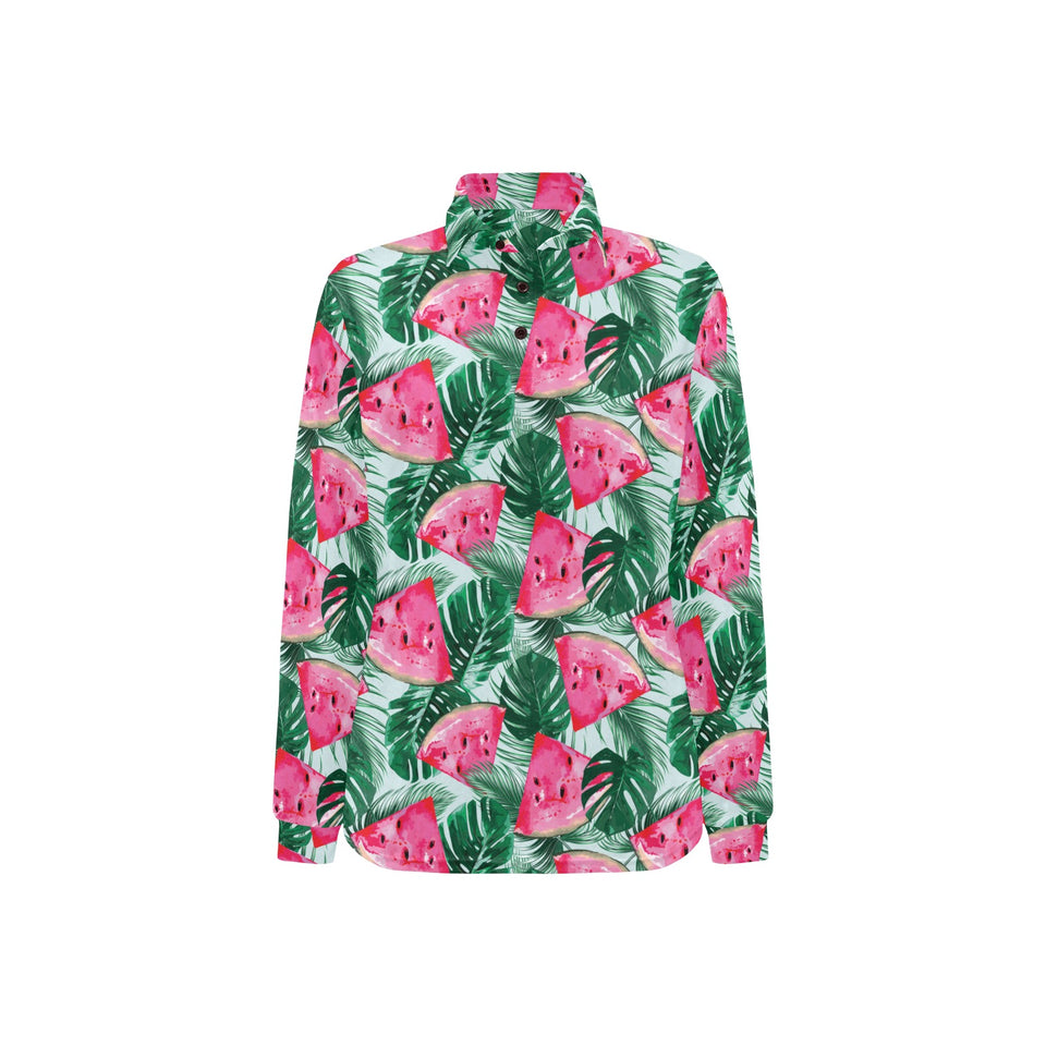 Watermelons tropical palm leaves pattern Women's Long Sleeve Polo Shirt