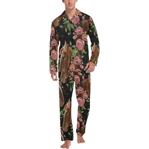 Horse head wild roses pattern Men's Long Pajama Set