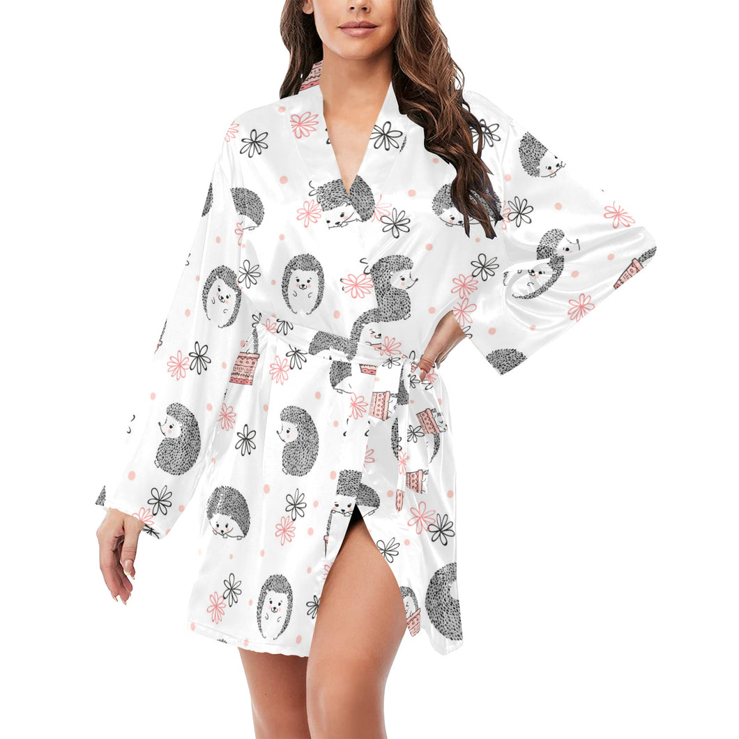 Hedgehog Pattern Print Design 02 Women's Long Sleeve Belted Night Robe