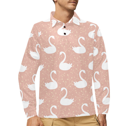 Swan flower light pink background Men's Long Sleeve Polo Shirt