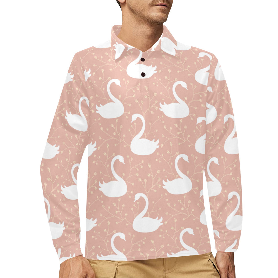 Swan flower light pink background Men's Long Sleeve Polo Shirt