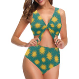 Sun green background Chest Bowknot High Waisted Bikini Swimsuit