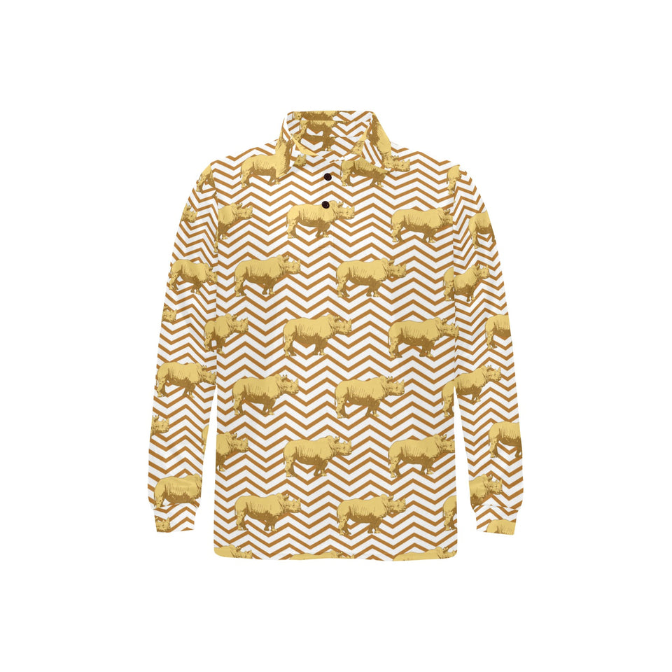 Rhino yellow theme pattern Men's Long Sleeve Polo Shirt