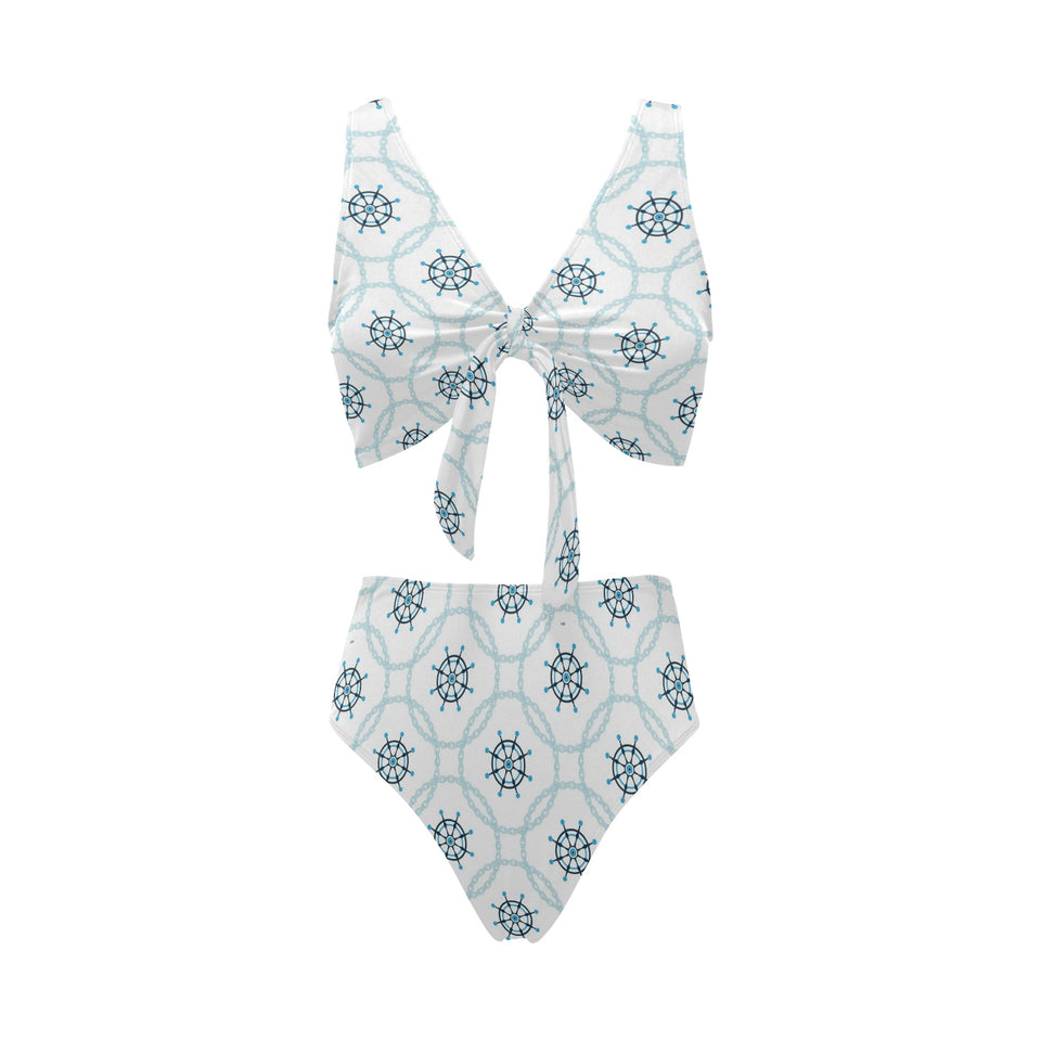 nautical steering wheel chain Chest Bowknot High Waisted Bikini Swimsuit