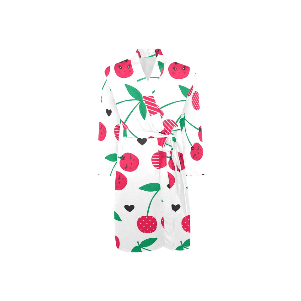 cherry pattern white background Men's Long Sleeve Belted Night Robe