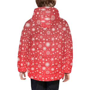 Snowflake pattern red background Kids' Boys' Girls' Padded Hooded Jacket