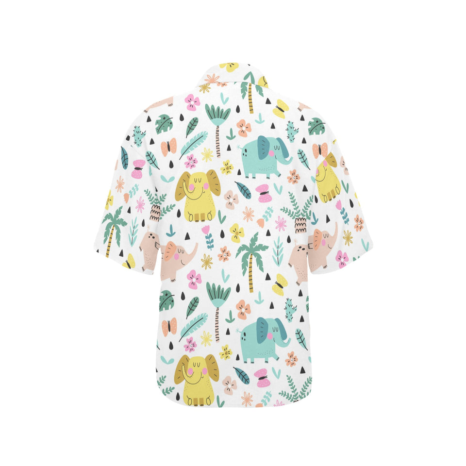 Cute elephants palm tree flower butterfly pattern Women's All Over Print Hawaiian Shirt