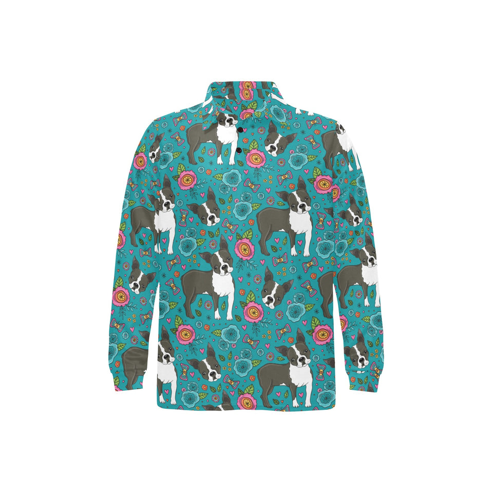 Boston terrier beautiful flower pattern Men's Long Sleeve Polo Shirt