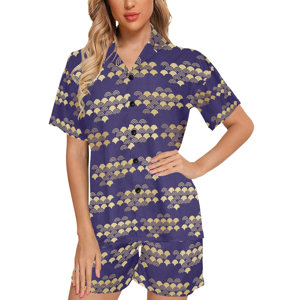 Beautiful japanese fan pattern Women's V-Neck Short Pajama Set