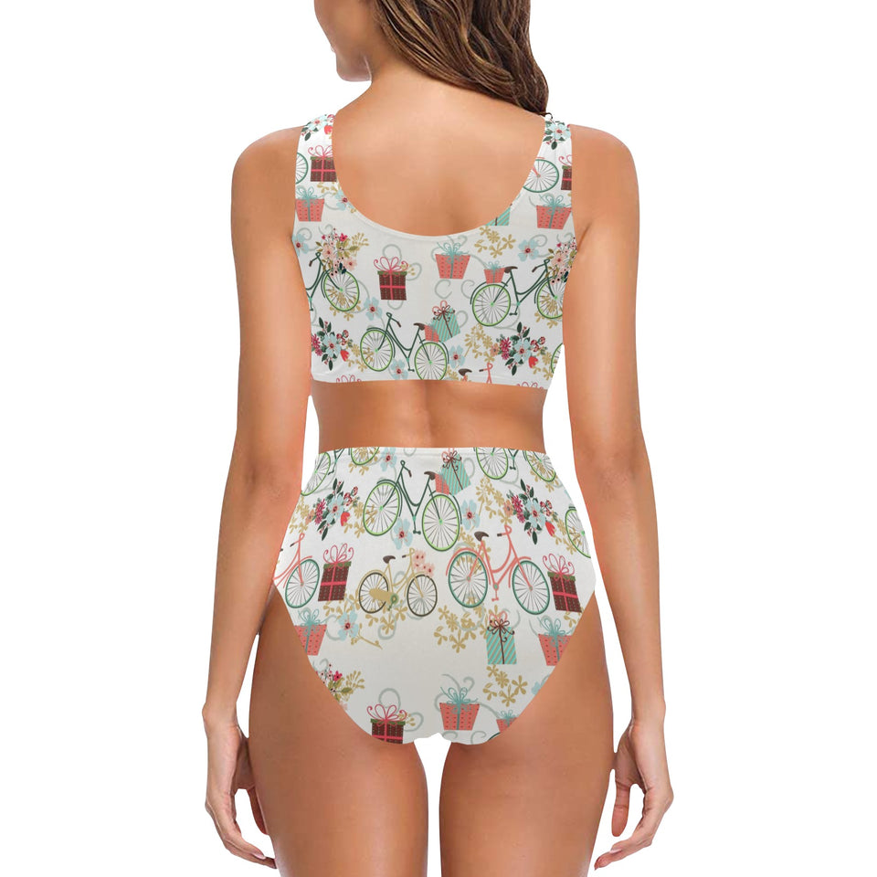 Bicycle Pattern Print Design 05 Chest Bowknot High Waisted Bikini Swimsuit
