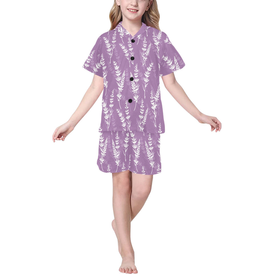 Lavender flowers purple pattern Kids' Boys' Girls' V-Neck Short Pajama Set