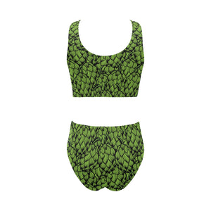 Green hop pattern Chest Bowknot High Waisted Bikini Swimsuit
