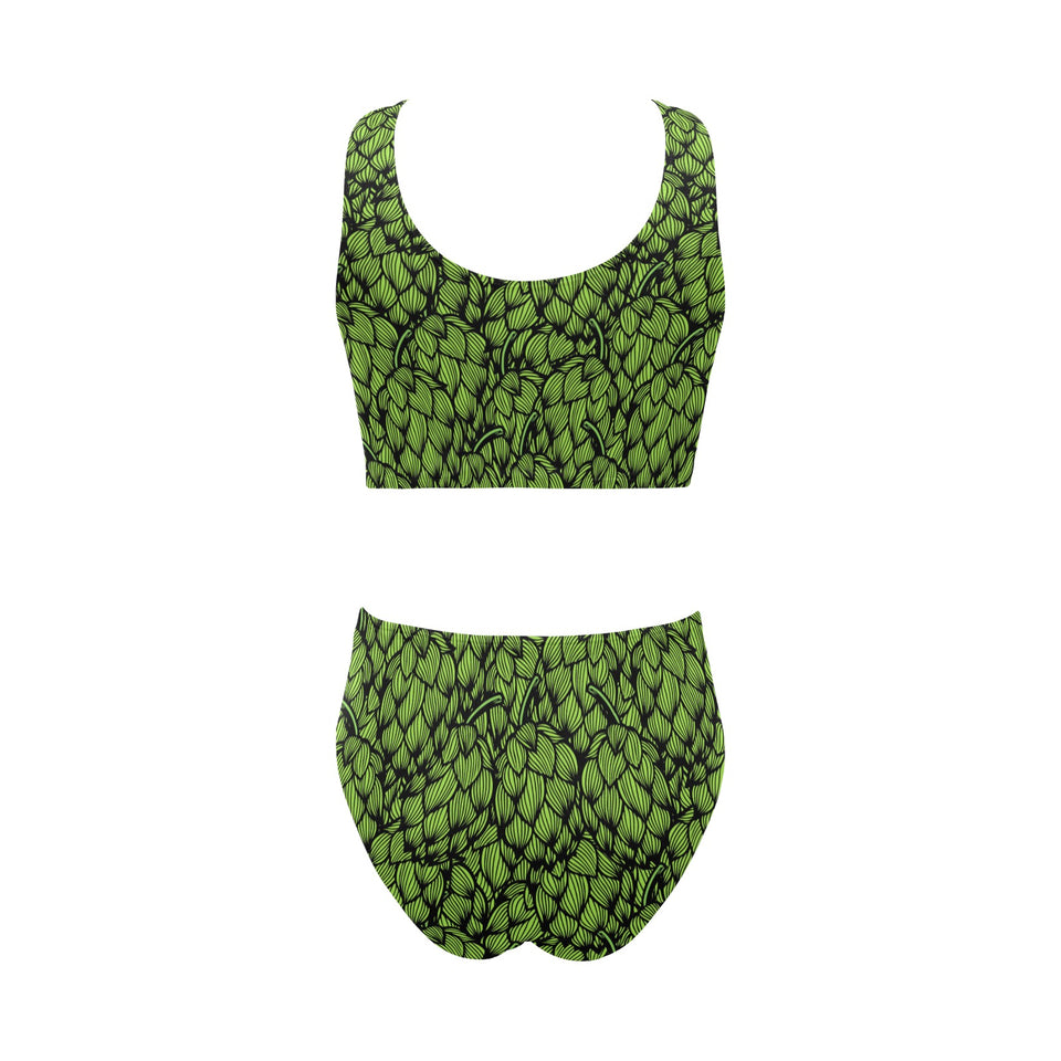 Green hop pattern Chest Bowknot High Waisted Bikini Swimsuit