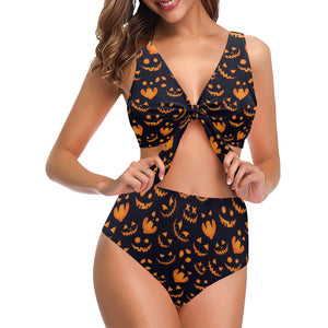 Halloween pattern Pumpkin background Chest Bowknot High Waisted Bikini Swimsuit