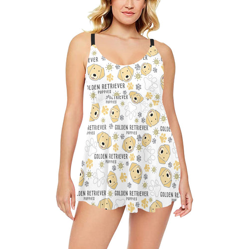 Golden Retriever Pattern Print Design 04 Chest Sexy Pleated Two Piece Swim Dress