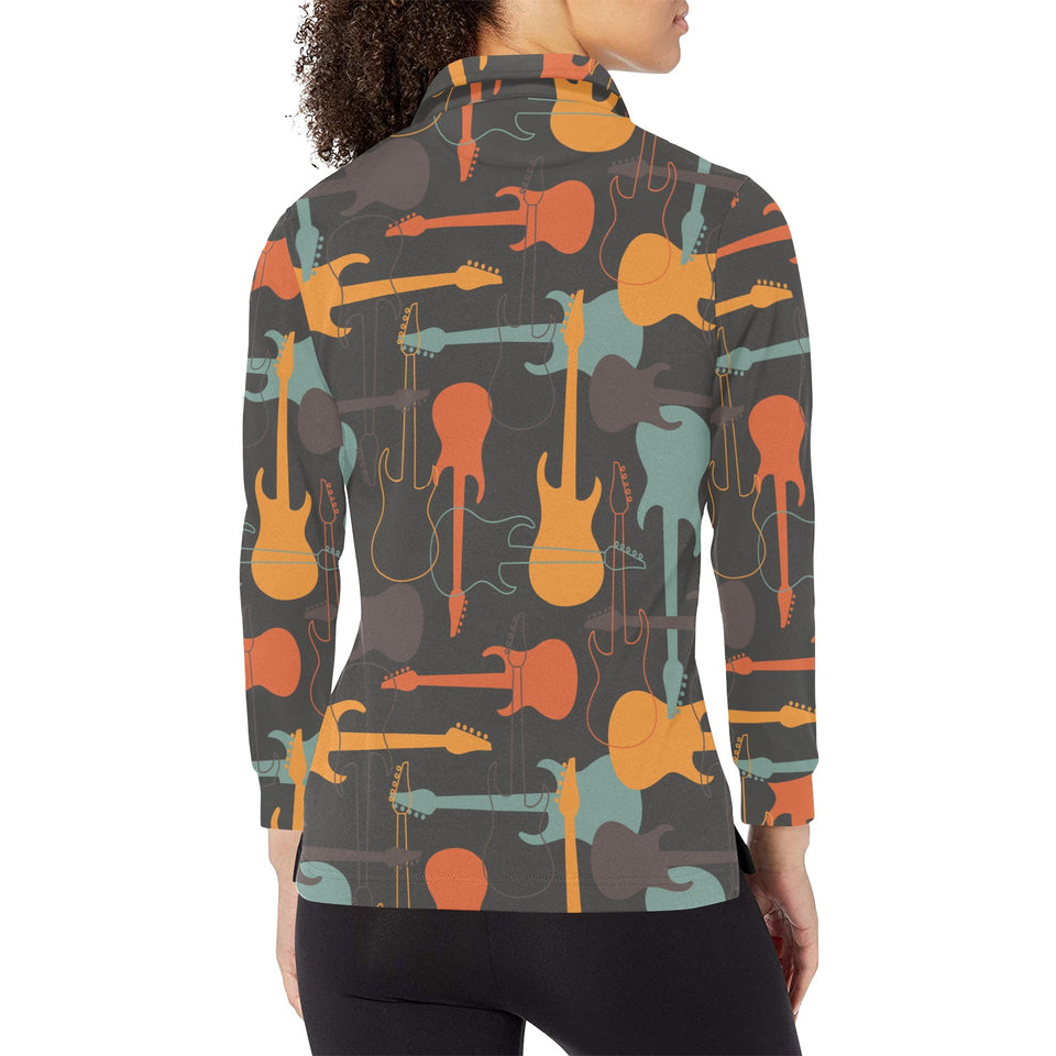 electric guitars pattern Women's Long Sleeve Polo Shirt
