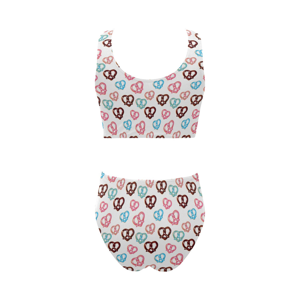 Pretzels Pattern Print Design 04 Chest Bowknot High Waisted Bikini Swimsuit