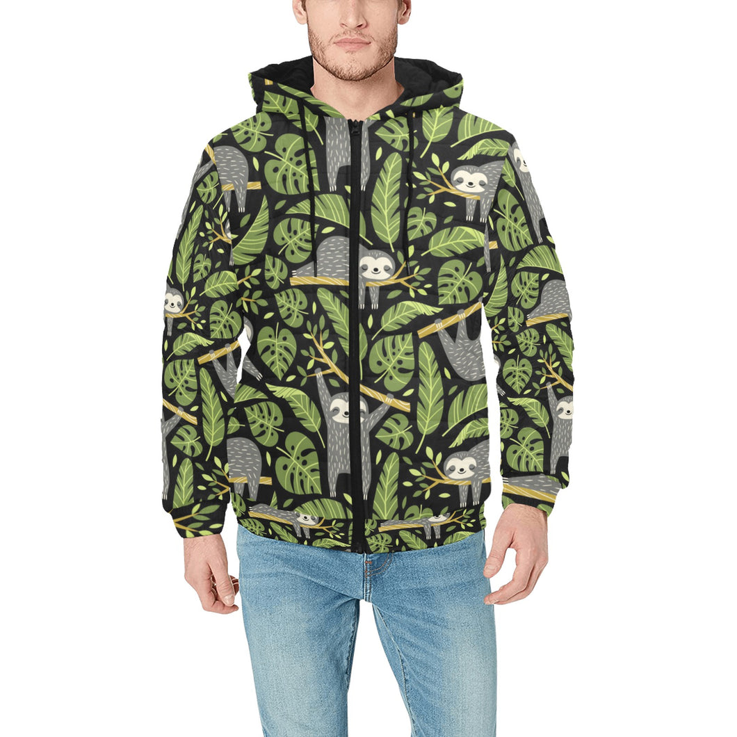 Cute sloths tropical palm leaves black background Men's Padded Hooded Jacket