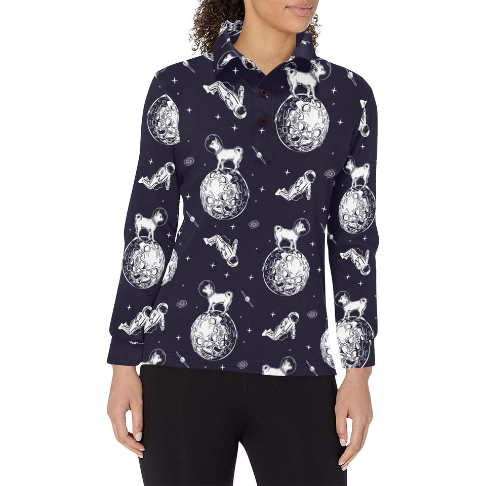 Chihuahua space helmet. astronaut pattern Women's Long Sleeve Polo Shirt