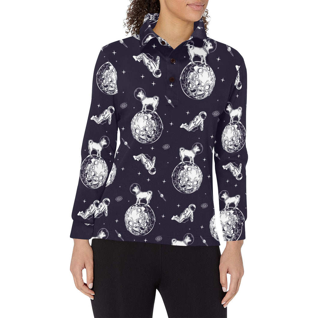 Chihuahua space helmet. astronaut pattern Women's Long Sleeve Polo Shirt