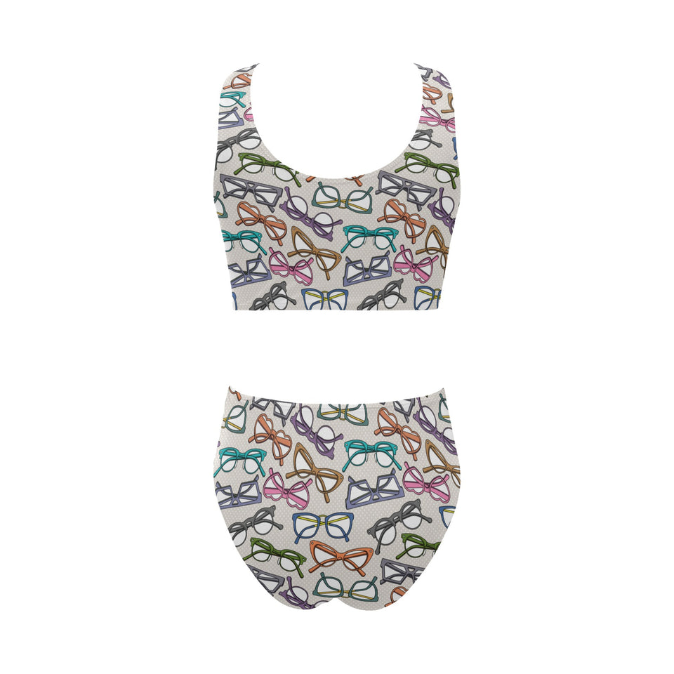 Sun Glasses Pattern Print Design 01 Chest Bowknot High Waisted Bikini Swimsuit