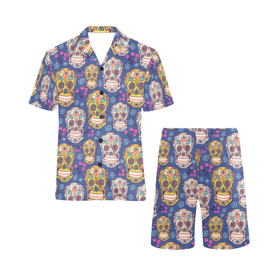 Sugar skull flower pattern Men's V-Neck Short Pajama Set