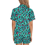 Green leopard skin print pattern Women's V-Neck Short Pajama Set