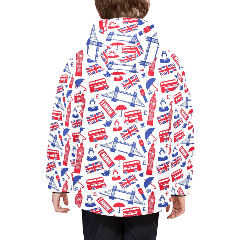 British Pattern Print Design 01 Kids' Boys' Girls' Padded Hooded Jacket