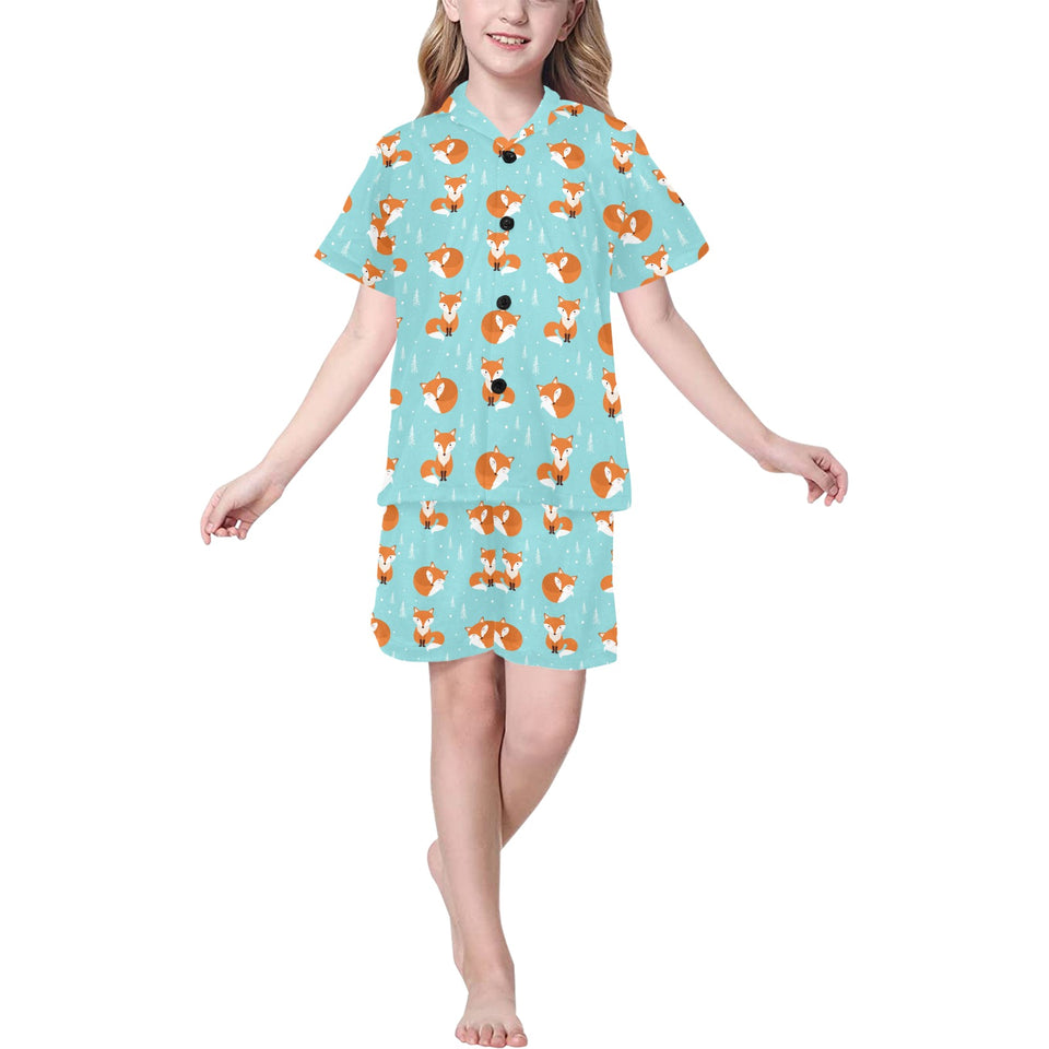 Fox pattern blue b ackground Kids' Boys' Girls' V-Neck Short Pajama Set