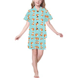 Fox pattern blue b ackground Kids' Boys' Girls' V-Neck Short Pajama Set