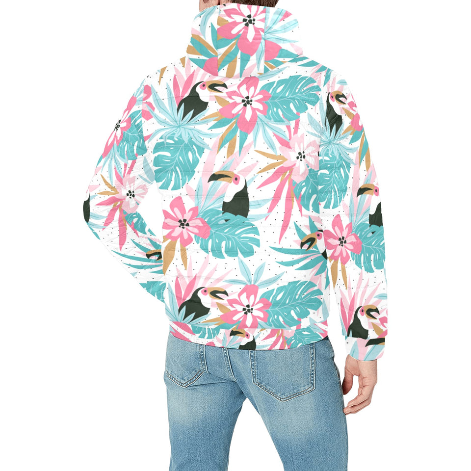 Toucan tropical flower leave pattern Men's Padded Hooded Jacket