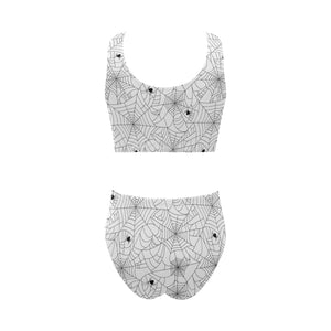 Spider web cobweb pattern white background Chest Bowknot High Waisted Bikini Swimsuit