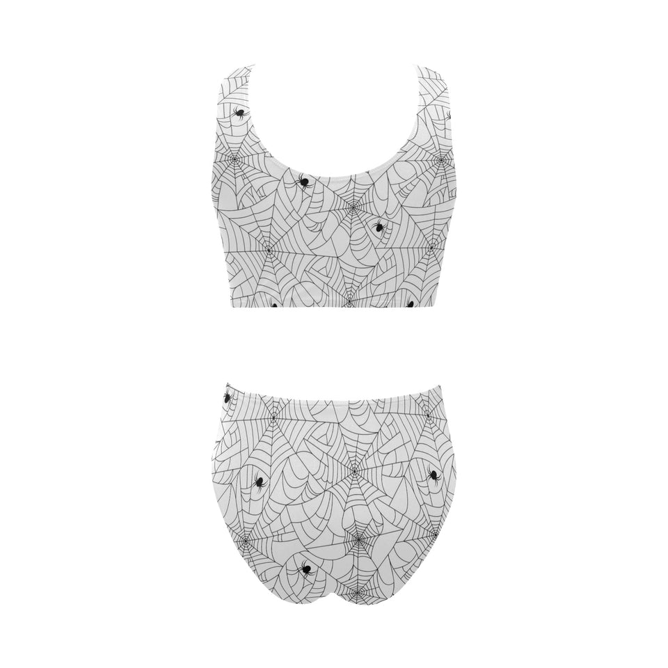 Spider web cobweb pattern white background Chest Bowknot High Waisted Bikini Swimsuit