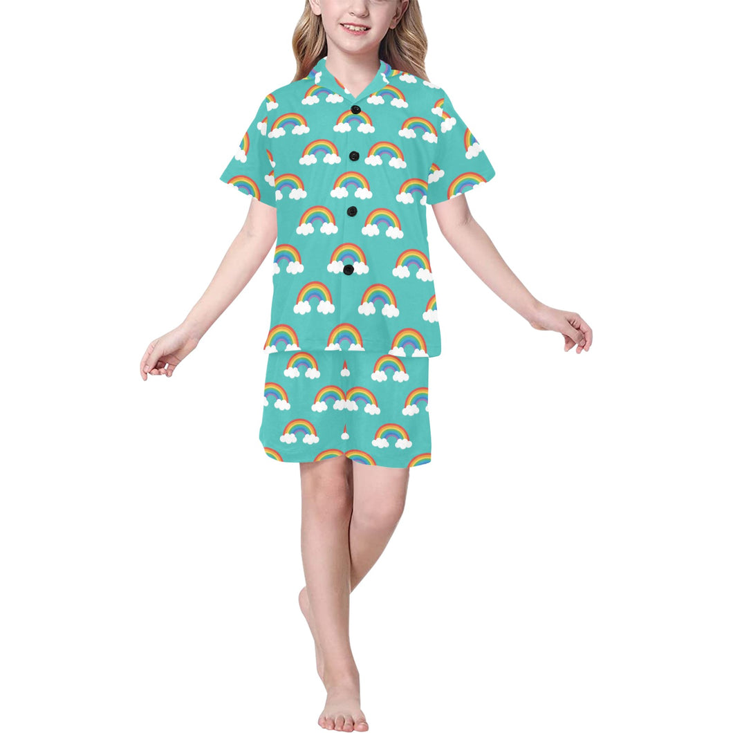 Rainbow pattern green background Kids' Boys' Girls' V-Neck Short Pajama Set