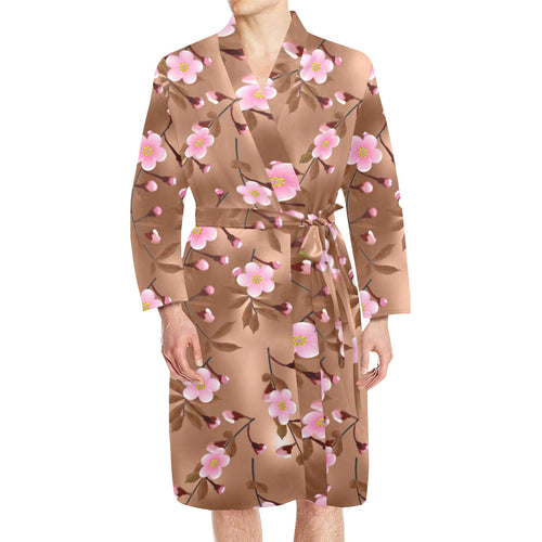 Pink sakura cherry blossom drak brown background Men's Long Sleeve Belted Night Robe