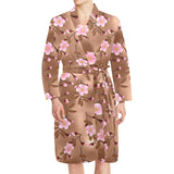 Pink sakura cherry blossom drak brown background Men's Long Sleeve Belted Night Robe