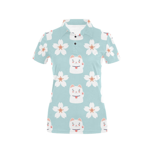 Maneki neko cat sakura Women's All Over Print Polo Shirt
