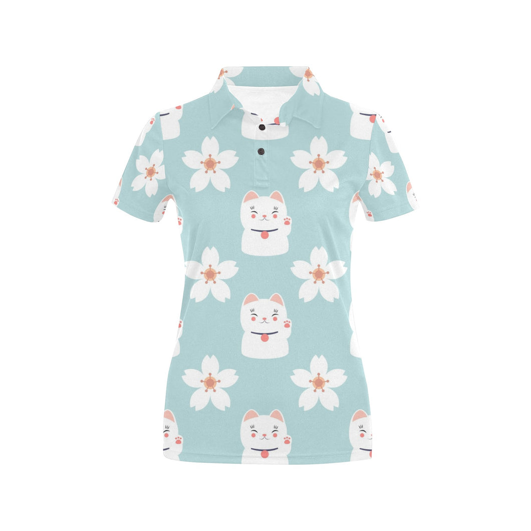 Maneki neko cat sakura Women's All Over Print Polo Shirt