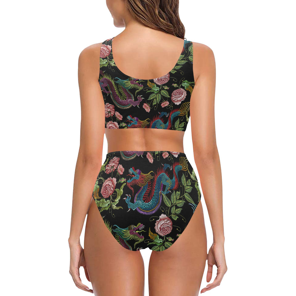 Dragons flower pattern Chest Bowknot High Waisted Bikini Swimsuit
