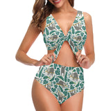 Cute sloths tropical palm leaves white background Chest Bowknot High Waisted Bikini Swimsuit